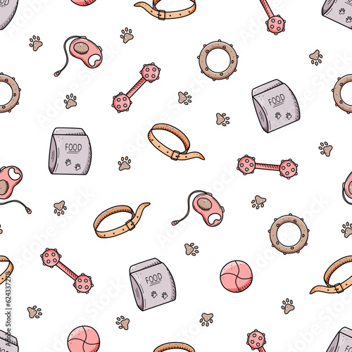 Seamless Pattern Pet store doodle, a set of icons of goods for the animal store. Vector illustration accessories for dogs.