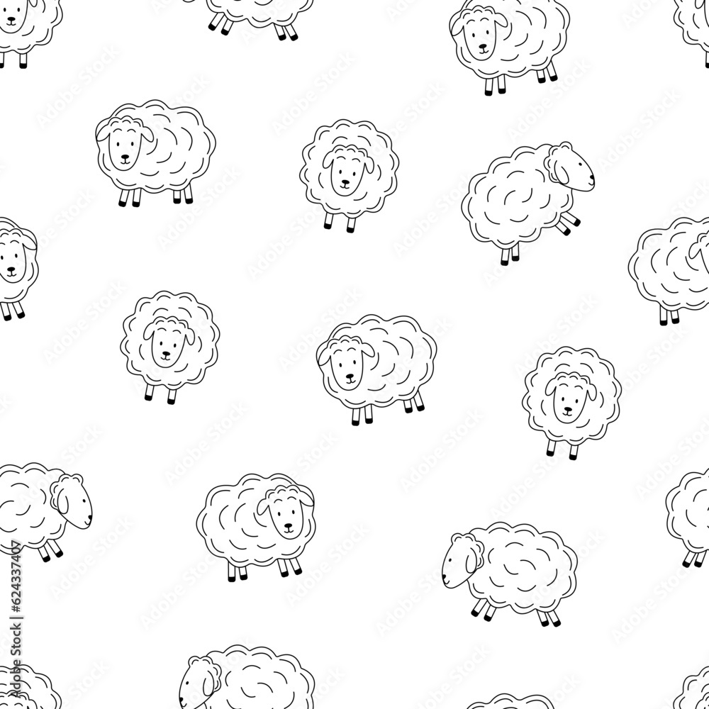Cartoon sheep wallpaper. Seamless pattern of sheep drawings. Background