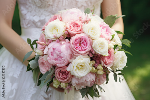 bride holding bouquet of pink, white peonies flowers