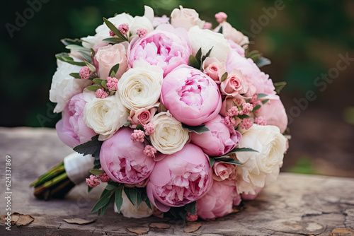 bride holding bouquet of pink  white peonies  flowers