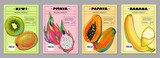 Set of labels with fruits. Tropical fruits banana, pitaya, papaya and kiwi. Collection of fruit templates, posters, price tags, covers. Cartoon style, vector illustration.