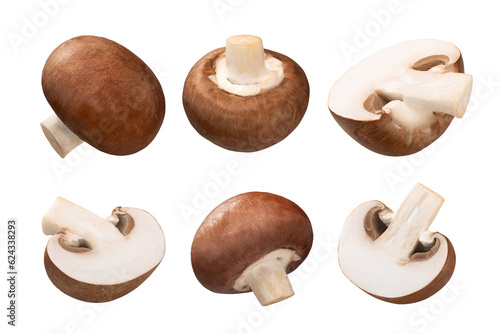Portobello mushrooms (Agaricus bisporus fruit bodies), whole and halved, isolated png photo