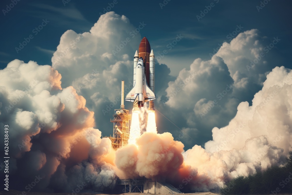 Soaring Beyond: Space Shuttle Launch Concept with Clouds and Background, Generative AI