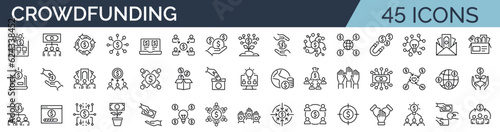 Set of 45 outline icons related to crowdfunding, fundraising, investment. Linear icon collection. Editable stroke. Vector illustration