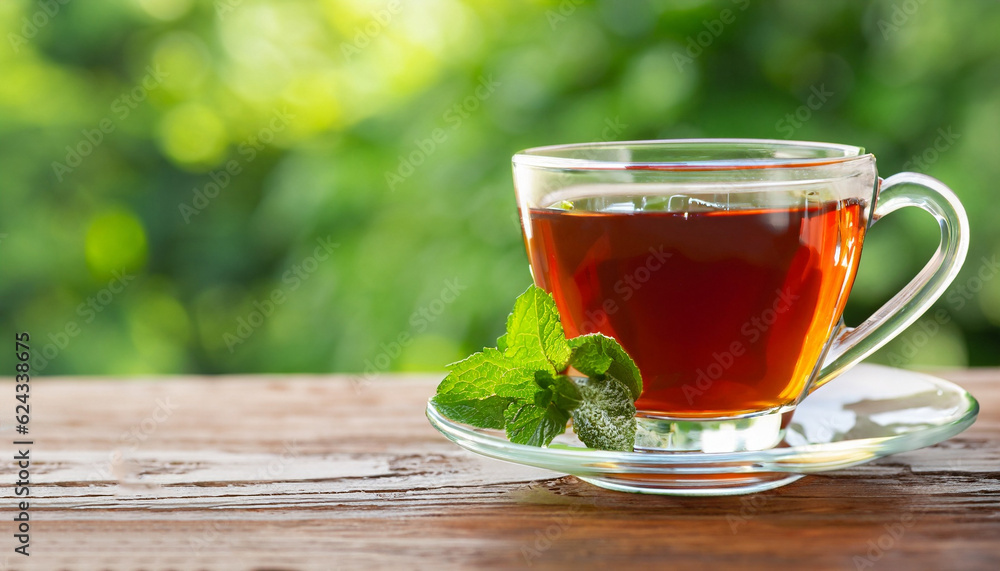 black tea with mint in glass cup on wooden table with green natural blurred background black tea with mint in glass cup on wooden table with green natural blurred background