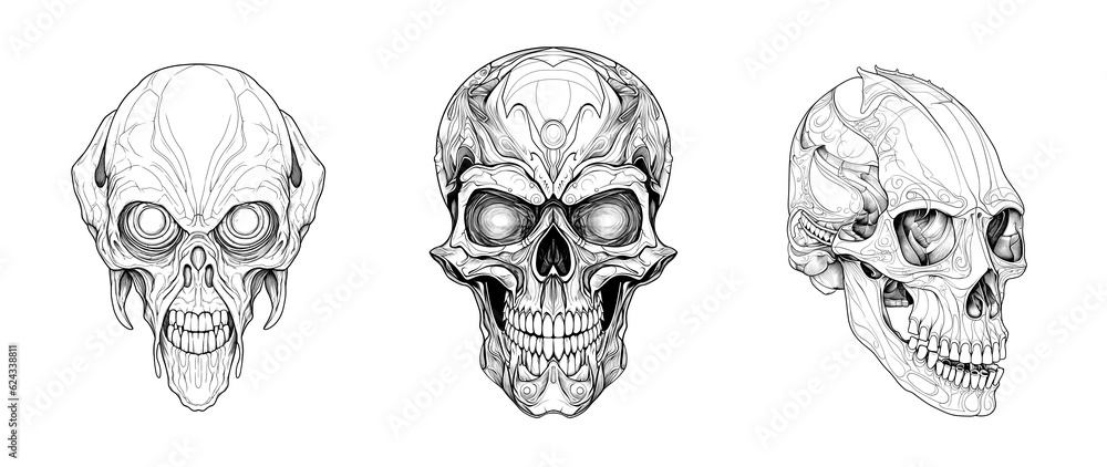 Horror alien skull. Terrible mask for coloring. Mystical and spooky creatures created  with generative AI.