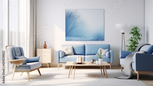 Dark blue sofa and recliner chair interior design of modern living room generative ai