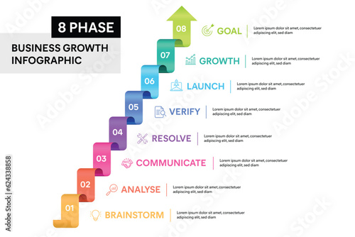 8 steps colorful arrows infographic Vector illustration. Business Growth Concept.
