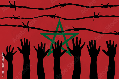 Morocco flag behind barbed wire fence. Group of people hands. Freedom and propaganda concept