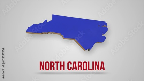  Animated map showing the state of North Carolina from the United State of America isolated on blue background. 3d North Carolina state. USA. Text or labels North Carolina with silhouette