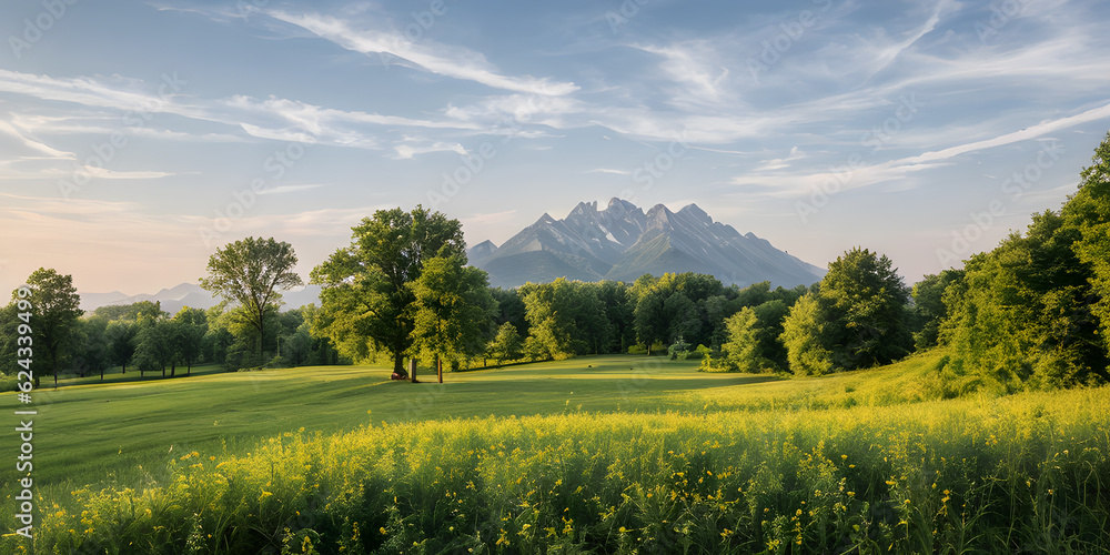 Obraz premium Panoramic beautiful summer nature with assortment colorful flowers and green meadows view