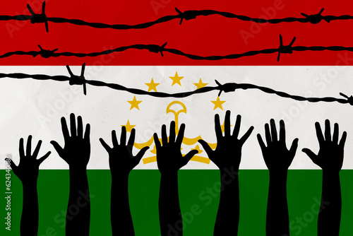 Tajikistan flag behind barbed wire fence. Group of people hands. Freedom and propaganda concept