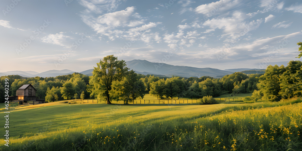 Obraz premium Panoramic beautiful summer nature with assortment colorful flowers and green meadows view