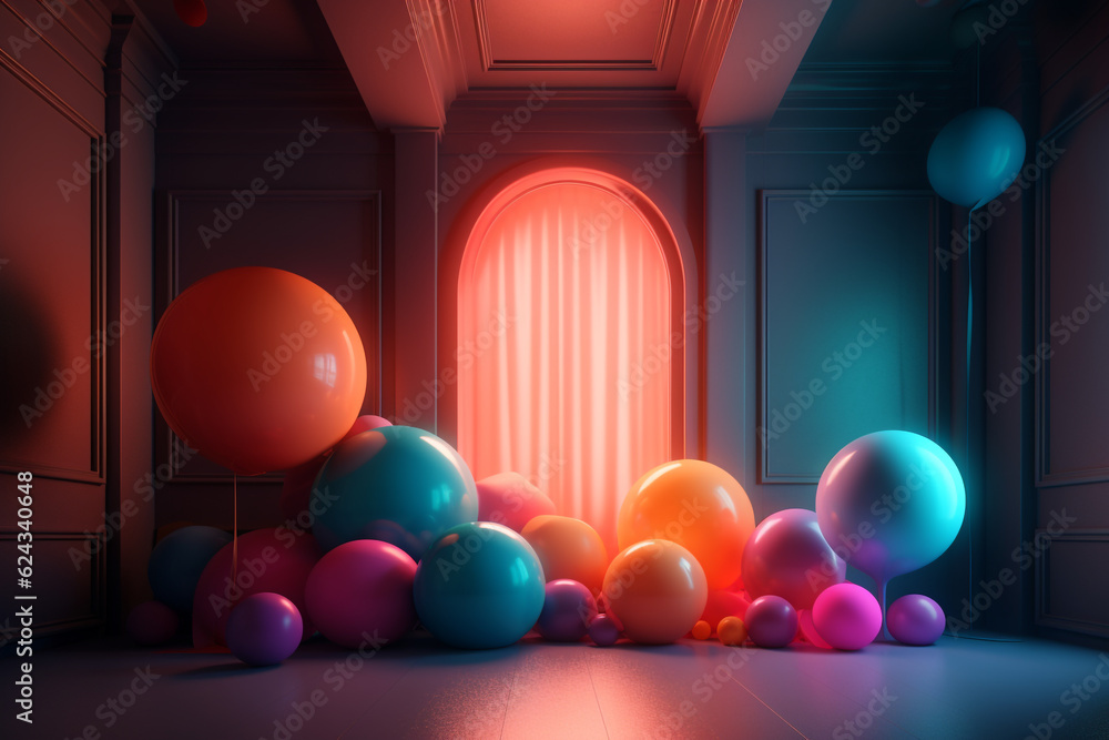 Architecture and interior design concept. Abstract retro minimalist interior colorful design background with copy space. Vivid colors, futuristic style with various objects in room. Generative AI Architecture and interior design concept. Abstract retro minimalist interior colorful design background with copy space. Vivid colors, futuristic style with various objects in room. Generative AI