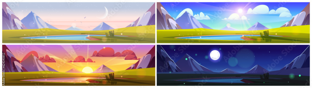 Mountain lake landscape on morning, sunset and night background set ...