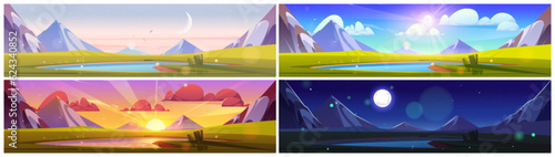 Mountain lake landscape on morning, sunset and night background set. Sun beam on horizon with beautiful sparkle switzerland nature illustration. Peaceful alpine terrain wallpaper with pond shore