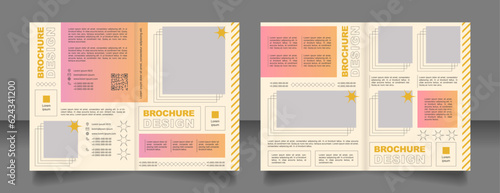 Merchandise gradient bifold brochure template design. Brand marketing. Flyers with qr code. Half fold booklet mockup set with copy space for text. 2 paper page leaflets. Arial font used