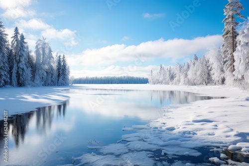 Icy Serenity Tranquil Frozen Lake amidst Snow-Clad Trees and Majestic Mountains AI Generated © Adito