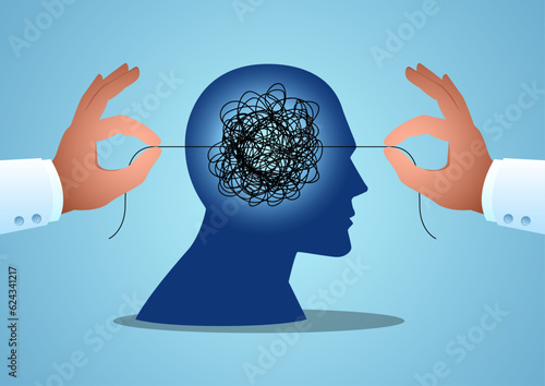 Doctor hands untangle the tangled thread in human brain, psychotherapy, psychology, mental problems concept