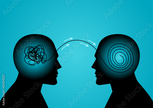 Human mind with its tangled threads sends out its tangles and transforming into orderly circle thread by other human minds, problem solver, solution, coaching concept
