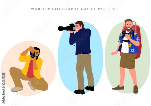 People use different types of cameras in different occasions, clipart set for World Photography Day, professions vector illustration