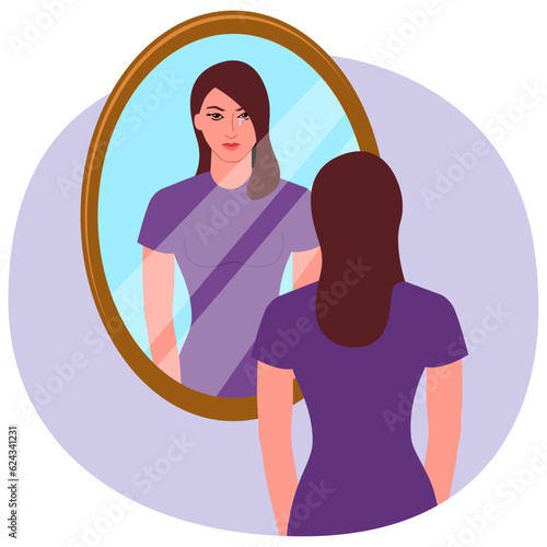 Clip art of a sad young woman looking in the mirror, loneliness, depression, bipolar concept, vector illustration