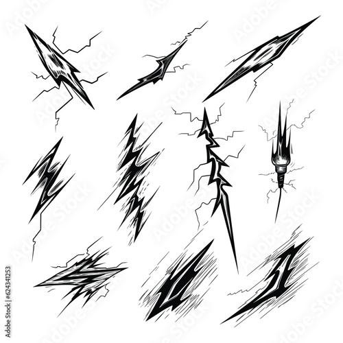 Set of hand drawn vector doodle electric lightning illustration