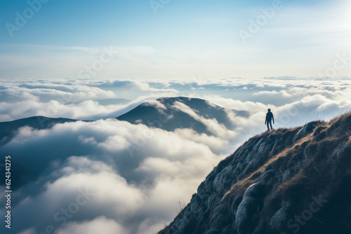 Landscape  business concept. Person standing on the top of the mountain above the clouds. Panoramic view with copy space. Person reached goal and success in life. Generative AI
