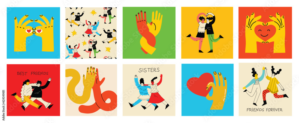 Best friends concept illustration. Vector illustration of multicultural girls and multicultural friendship. Happy friendship day. Teenage girl friends hugging and having fun. Best friends concept illustration. Vector illustration of multicultural girls and multicultural friendship. Happy friendship day. Teenage girl friends hugging and having fun.