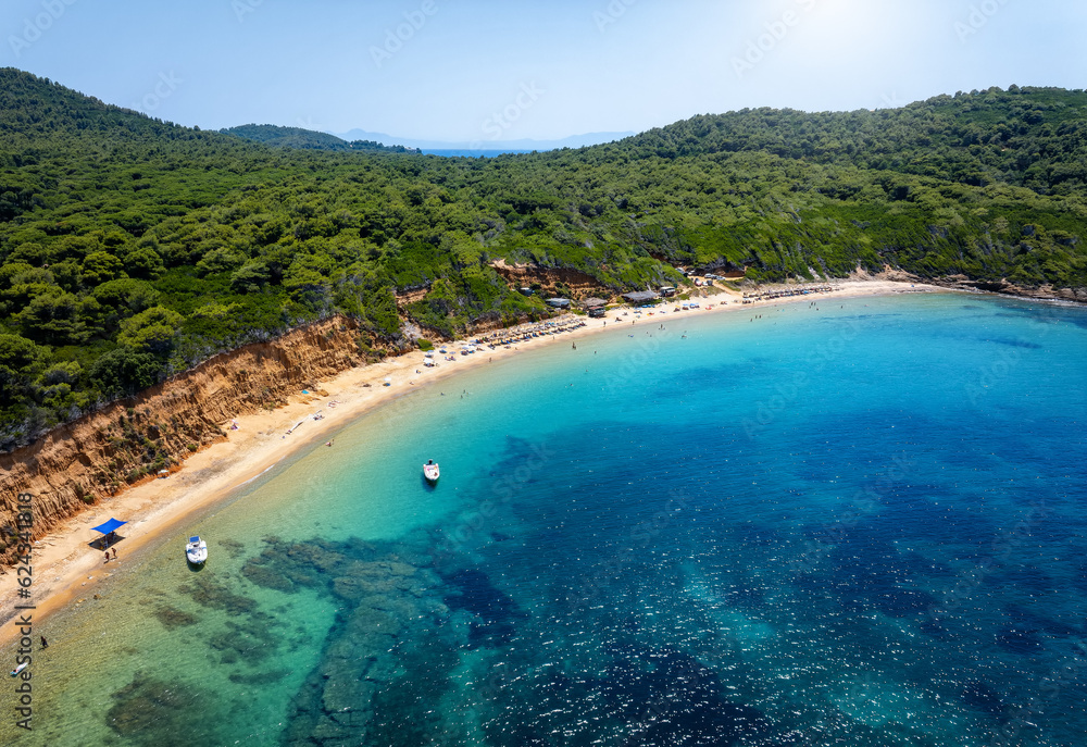 Mantraki beach with emerald sea and lush pine tree forrest at the island of Skiathos, Sporades, Greece