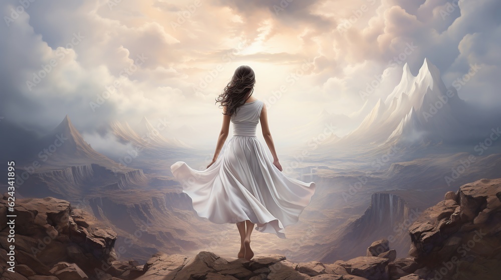 beautiful woman in white looking at nature mountains