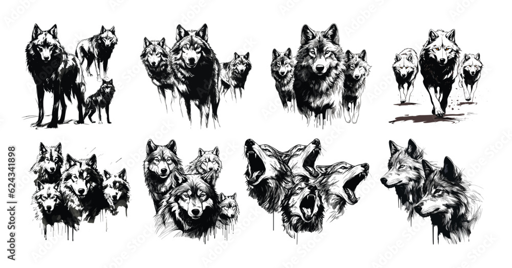 Fototapeta Hand drawn simple wolves collection 
