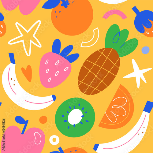 Pineapple print, tropical fruit background, banana, kiwi, strawberry, orange fruits and berries, stylized illustrations, vector tile, seamless pattern, simple trendy print for textile