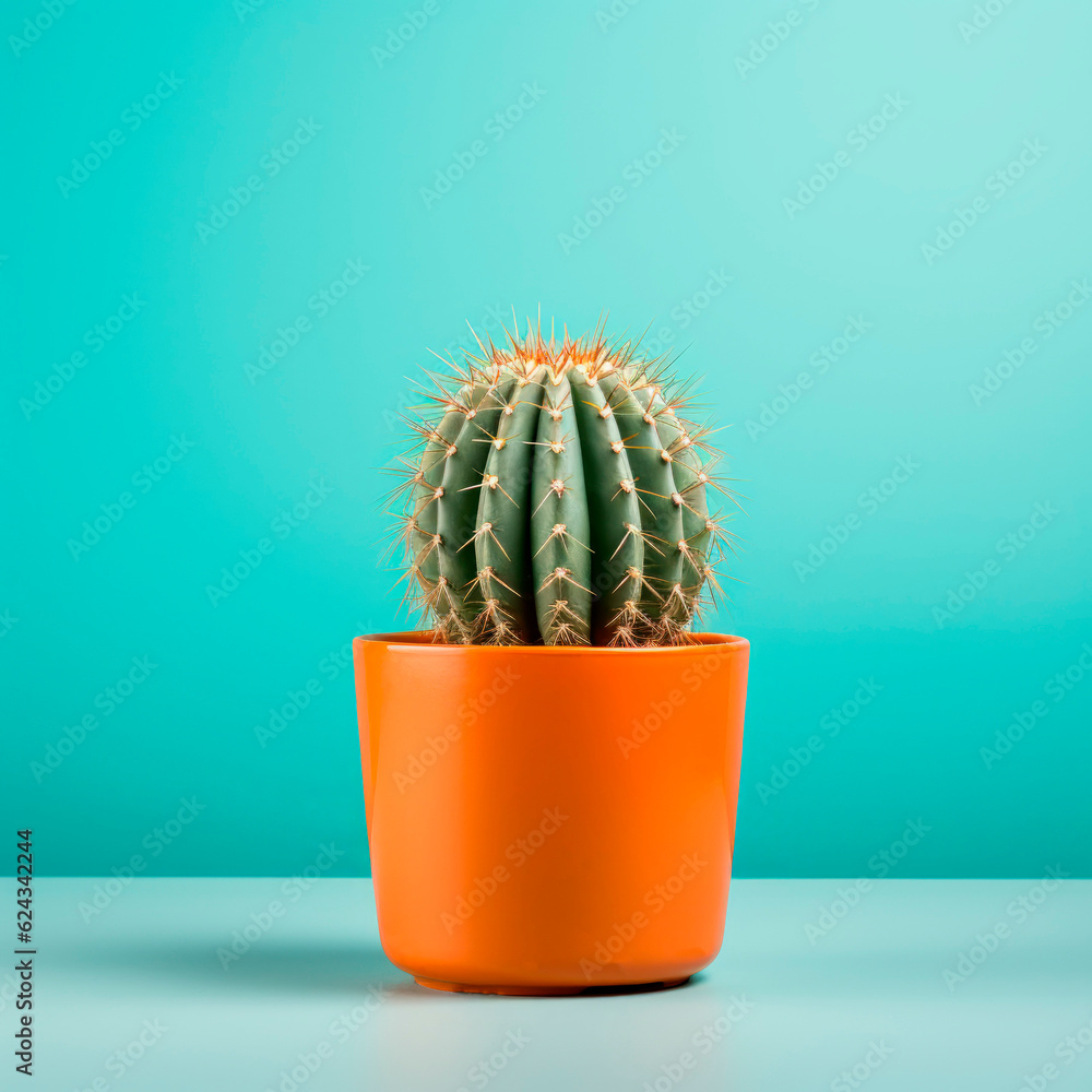 A green cactus with thorns grows in a ceramic pot. Minimalism. A bright banner. A green cactus with thorns grows in a ceramic pot. Minimalism. A bright banner.