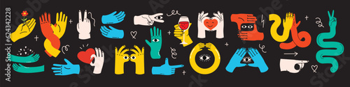 Groovy hippie set of colorful hands with different gestures. Hands with heart, eyes, together hands and etc. Hand drawn vector illustration.