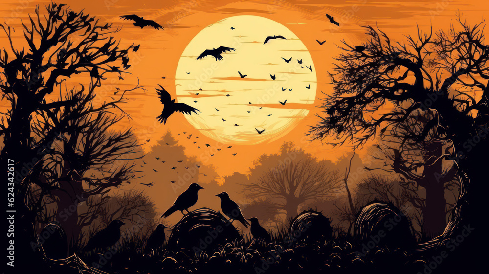 Forest with crows and ravens in daylight. Illustration in the style of old 80's.