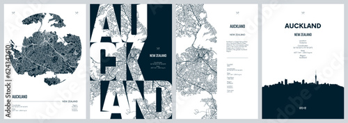 Set of travel posters with Auckland, detailed urban street plan city map, Silhouette city skyline, vector artwork photo