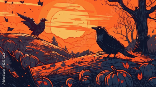 Forest with crows and ravens in sunset. Illustration in the style of old 80's.