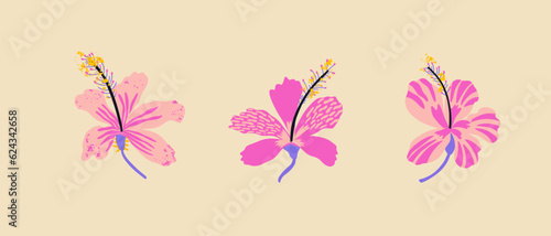 Tropical flower hibiscus. Hawaiian exotic plant. Texture with giraffe spots, stripes, dots. Aloha vector for poster, background, decor.