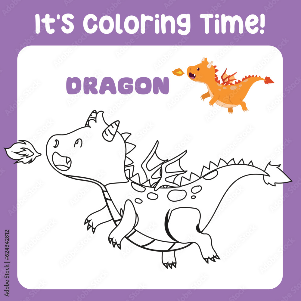 It's coloring time a fairy tale medieval kingdom black and white a cute flying orange dragon spit a fire. Vector outline fantasy monarch kingdom. Medieval fairytale an orange dragon cartoon.