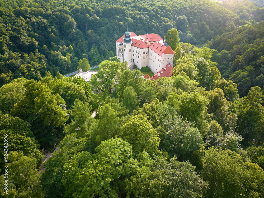 Traveling Poland concept: Aerial view of Pieskowa Skała Renaissance castle, standing on Little Dog's Rock  limestone cliff in the green forest valley of river Prądnik. Summer, sunset, sightseeing.