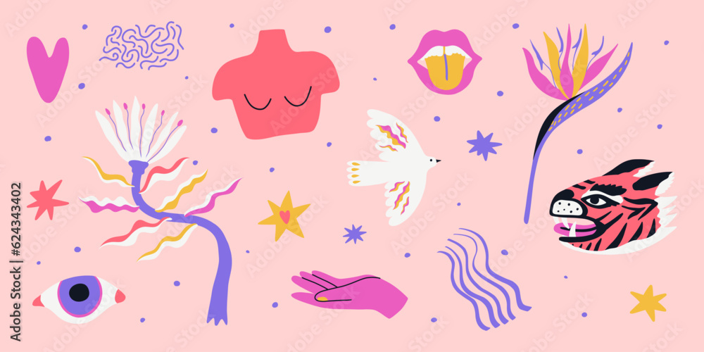 Set of trendy exotic flowers, shapes and abstract elements. Summer groovy collection with tiger, flowers, eye, lips. Vector illustration for stickers, posters, tattoos, t shirts Set of trendy exotic flowers, shapes and abstract elements. Summer groovy collection with tiger, flowers, eye, lips. Vector illustration for stickers, posters, tattoos, t shirts