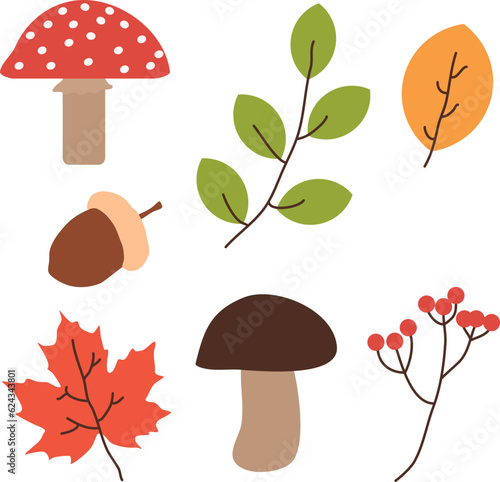 Autumn mushroom icon set. mushroom vector icons for web isolated on white background. Vector colorful autumn natural seamless pattern with fall leaves, fruits, pumpkins and mushrooms. Fall.