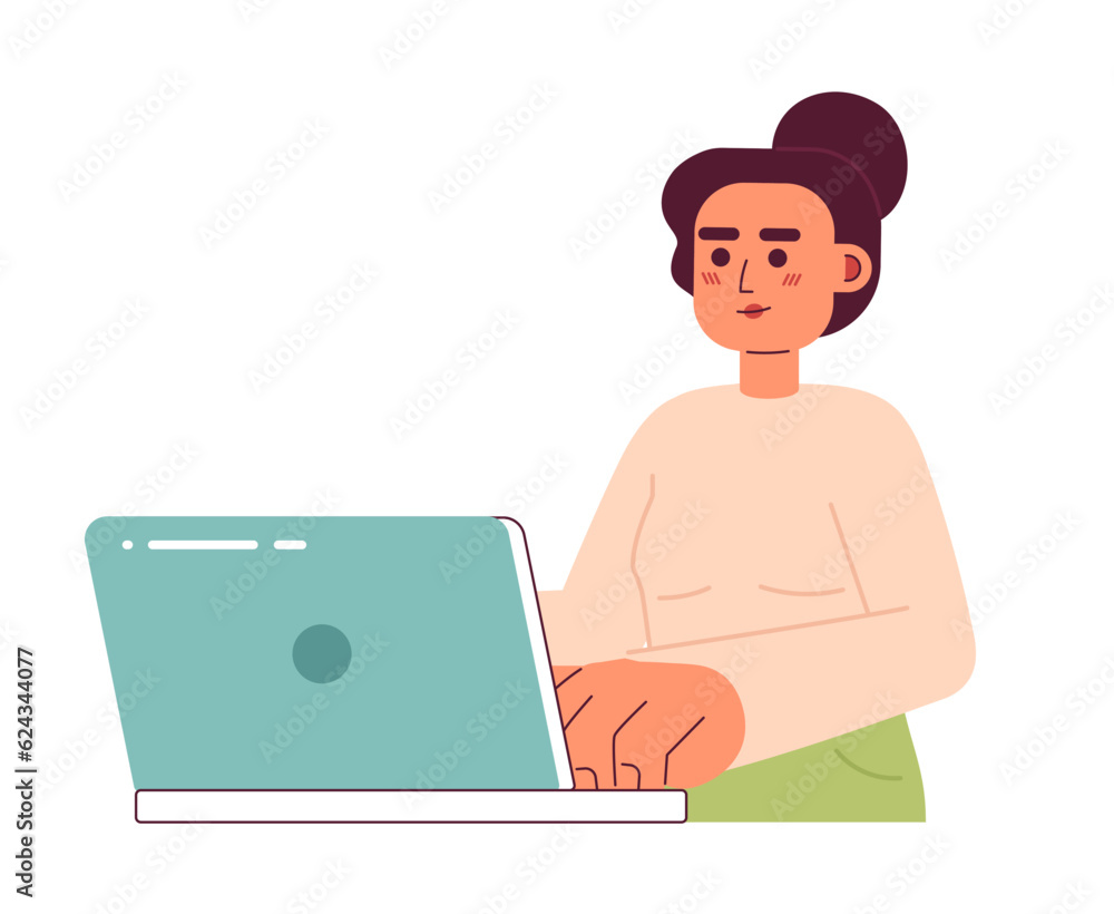 Pretty caucasian young woman with laptop semi flat color vector character. Editable half body woman typing on keyboard on white. Simple cartoon spot illustration for web graphic design Pretty caucasian young woman with laptop semi flat color vector character. Editable half body woman typing on keyboard on white. Simple cartoon spot illustration for web graphic design