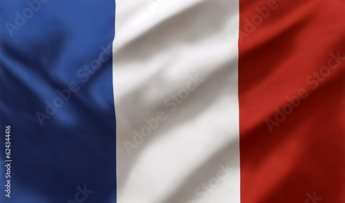 Flag of France waving in the wind close-up, background, wallpaper. AI generation.