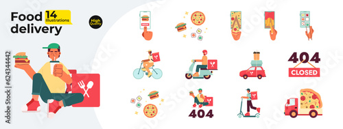 Food delivery flat concept vector spot illustrations bundle. Courier deliver food from restaurant 2D cartoon characters on white for web UI design. Isolated editable creative hero images collection