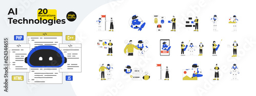 AI technologies flat line concept vector spot illustrations bundle. People and robot 2D cartoon characters on white for web UI design. Modern technologies. Editable hero image collection
