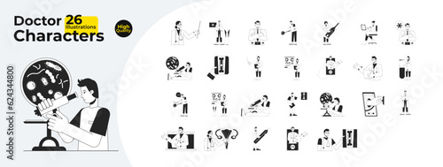 Doctors flat line black white vector characters bundle. Editable isolated outline people. Consultations and treatments simple cartoon style spot images collection for web graphic design