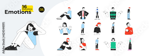 Human emotions flat line color vector characters bundle. Editable outline full body of sad, frustrated, baffled people on white. Simple cartoon spot illustration for web graphic design