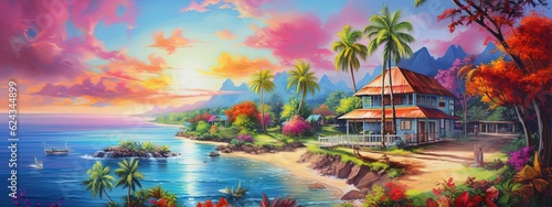 Foto painting style illustration of beautiful peaceful tropical ocean lagoon banner b